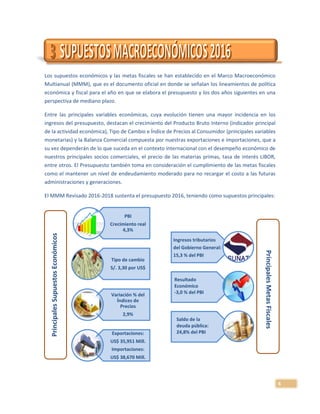 6
Los supuestos económicos y las metas fiscales se han establecido en el Marco Macroeconómico
Multianual (MMM), que es el documento oficial en donde se señalan los lineamientos de política
económica y fiscal para el año en que se elabora el presupuesto y los dos años siguientes en una
perspectiva de mediano plazo.
Entre las principales variables económicas, cuya evolución tienen una mayor incidencia en los
ingresos del presupuesto, destacan el crecimiento del Producto Bruto Interno (indicador principal
de la actividad económica), Tipo de Cambio e Índice de Precios al Consumidor (principales variables
monetarias) y la Balanza Comercial compuesta por nuestras exportaciones e importaciones, que a
su vez dependerán de lo que suceda en el contexto internacional con el desempeño económico de
nuestros principales socios comerciales, el precio de las materias primas, tasa de interés LIBOR,
entre otros. El Presupuesto también toma en consideración el cumplimiento de las metas fiscales
como el mantener un nivel de endeudamiento moderado para no recargar el costo a las futuras
administraciones y generaciones.
El MMM Revisado 2016-2018 sustenta el presupuesto 2016, teniendo como supuestos principales:
PrincipalesSupuestosEconómicos LOS SUPUESTOS MACROECONOMICOS 2016
PBI
Crecimiento real
4,3%
Tipo de cambio
S/. 3,30 por US$
Variación % del
Índices de
Precios
2,9%
Exportaciones:
US$ 35,951 Mill.
Importaciones:
US$ 38,670 Mill.
Ingresos tributarios
del Gobierno General:
15,3 % del PBI
Resultado
Económico
-3,0 % del PBI
Saldo de la
deuda pública:
24,8% del PBI
PrincipalesMetasFiscales
 