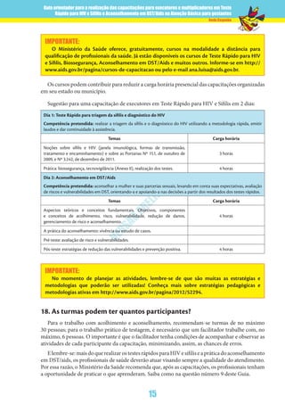 Guia orientador para a realização das capacitações para executores e multiplicadores em Teste
Rápido para HIV e Sífilis e Aconselhamento em DST/Aids na Atenção Básica para gestantes
15
Rede Cegonha
VERSÃO
PRELIM
INAR
IMPORTANTE:
O Ministério da Saúde oferece, gratuitamente, cursos na modalidade a distância para
qualificação de profissionais da saúde. Já estão disponíveis os cursos de Teste Rápido para HIV
e Sífilis, Biossegurança, Aconselhamento em DST/Aids e muitos outros. Informe-se em http://
www.aids.gov.br/pagina/cursos-de-capacitacao ou pelo e-mail ana.luisa@aids.gov.br.
Os cursos podem contribuir para reduzir a carga horária presencial das capacitações organizadas
em seu estado ou município.
Sugestão para uma capacitação de executores em Teste Rápido para HIV e Sífilis em 2 dias:
Dia 1: Teste Rápido para triagem da sífilis e diagnóstico do HIV
Competência pretendida: realizar a triagem da sífilis e o diagnóstico do HIV utilizando a metodologia rápida, emitir
laudos e dar continuidade à assistência.
Temas Carga horária
Noções sobre sífilis e HIV (janela imunológica, formas de transmissão,
tratamento e encaminhamento) e sobre as Portarias Nº 151, de outubro de
2009, e Nº 3.242, de dezembro de 2011.
3 horas
Prática: biossegurança, tecnovigilância (Anexo II), realização dos testes. 4 horas
Dia 2: Aconselhamento em DST/Aids
Competência pretendida: aconselhar a mulher e suas parcerias sexuais, levando em conta suas expectativas, avaliação
de riscos e vulnerabilidades em DST, orientando-a e apoiando-a nas decisões a partir dos resultados dos testes rápidos.
Temas Carga horária
Aspectos teóricos e conceitos fundamentais. Objetivos, componentes
e conceitos de acolhimento, risco, vulnerabilidade, redução de danos,
gerenciamento de risco e aconselhamento.
4 horas
A prática do aconselhamento: vivência ou estudo de casos.
Pré-teste: avaliação de risco e vulnerabilidades.
Pós-teste: estratégias de redução das vulnerabilidades e prevenção positiva. 4 horas
IMPORTANTE:
No momento de planejar as atividades, lembre-se de que são muitas as estratégias e
metodologias que poderão ser utilizadas! Conheça mais sobre estratégias pedagógicas e
metodologias ativas em http://www.aids.gov.br/pagina/2012/52294.
18.	As turmas podem ter quantos participantes?
Para o trabalho com acolhimento e aconselhamento, recomendam-se turmas de no máximo
30 pessoas; para o trabalho prático de testagem, é necessário que um facilitador trabalhe com, no
máximo, 6 pessoas. O importante é que o facilitador tenha condições de acompanhar e observar as
atividades de cada participante da capacitação, minimizando, assim, as chances de erros.
Elembre-se:maisdoquerealizarostestesrápidosparaHIVesífiliseapráticadoaconselhamento
em DST/aids, os profissionais de saúde deverão atuar visando sempre a qualidade do atendimento.
Por essa razão, o Ministério da Saúde recomenda que, após as capacitações, os profissionais tenham
a oportunidade de praticar o que aprenderam. Saiba como na questão número 9 deste Guia.
 