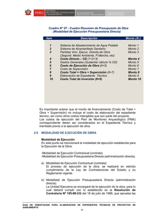 GUIA DE ORIENTACION PARA ELABORACION DE EXPEDIENTES TÉCNICOS DE PROYECTOS DE
SANEAMIENTO
19
Cuadro N° 07 - Cuadro Resumen de Presupuesto de Obra
(Modalidad de Ejecución Presupuestaria Directa)
ítem Descripción Monto (S/.)
1
2
3
4
5
6
7
8
9
10
Sistema de Abastecimiento de Agua Potable
Sistema de Alcantarillado Sanitario
Partidas Vinc. Ejecuc. Directa de Obra
(Segurid. Medio Ambiente, P.Marcha, etc)
Costo Directo – CD (1+2+3)
Gastos Generales (Sustentar cálculo % CD)
Costo de Ejecución de Obra (4+5)
Costo de Supervisión
Costo Total = Obra + Supervisión (6+7)
Elaboración de Expediente Técnico
Costo Total de Inversión (8+9)
Monto 1
Monto 2
Monto 3
Monto 4
Monto 5
Monto 6
Monto 7
Monto 8
Monto 9
Monto 10
Es importante aclarar que el monto de financiamiento (Costo de Total =
Obra + Supervisión) no incluye el costo de elaboración del expediente
técnico, así como otros costos intangibles que son parte del proyecto.
Los costos de ejecución del Plan de Monitoreo Arqueológico (PMA)
correspondiente deben ser considerados en el Expediente Técnico y
tramitado previo a la ejecución de obra.
2.9 MODALIDAD DE EJECUCIÓN DE OBRA
Modalidad de Ejecución
En este punto se mencionará la modalidad de ejecución establecida para
la Ejecución de la Obra:
-Modalidad de Ejecución Contractual (contrata).
-Modalidad de Ejecución Presupuestaria Directa (administración directa).
a) Modalidad de Ejecución Contractual (contrata):
El proceso de ejecución de la obra, se realizará en estricto
cumplimiento de la Ley de Contrataciones del Estado y su
Reglamento vigente.
b) Modalidad de Ejecución Presupuestaria Directa (administración
directa):
La Unidad Ejecutora se encargará de la ejecución de la obra, para lo
cual deberá cumplir con lo establecido en la Resolución de
Contraloría Nº 195-88-CG del 18 de julio de 1988, que aprueba las
 