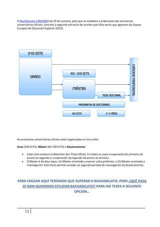 11
O Real Decreto 1393/2007 do 29 de outubro, polo que se establece a ordenación das ensinanzas
universitarias oficiais, concreta a seguinte estrutura de acordo coas liñas xerais que agroman do Espazo
Europeo de Educación Superior (EEES)
As ensinanzas universitarias oficiais están organizadas en tres ciclos:
Grao (240 ECTS), Máster (60-120 ECTS) e Doutoramento
 Cada ciclo conduce á obtención dun Título Oficial. En todos os casos a superación do primeiro dá
acceso ao segundo e a superación do segundo dá acceso ao terceiro.
 O Máster é de dous tipos: (1) Máster orientado a exercer unha profesión, e (2) Máster orientado á
investigación. Este título permite acceder ao segundo período de investigación do doutoramento.
PARA CHEGAR AQUÍ TERÍAMOS QUE SUPERAR O BACHARELATO, PERO ¿QUÉ PASA
SE NON QUEREMOS ESTUDAR BACHARELATO? PARA ISO TEDES A SEGUINTE
OPCIÓN…
 
