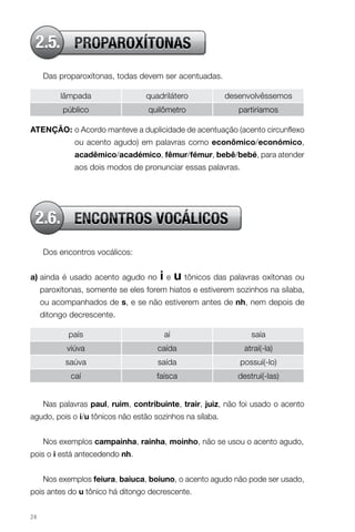 2.5. PROPAROXÍTONAS
     Das proparoxítonas, todas devem ser acentuadas.

          lâmpada                 quadrilátero            desenvolvêssemos
           público                quilômetro                 partiríamos

AteNçÃo: o Acordo manteve a duplicidade de acentuação (acento circunflexo
              ou acento agudo) em palavras como econômico/económico,
              acadêmico/académico, fêmur/fémur, bebê/bebé, para atender
              aos dois modos de pronunciar essas palavras.




 2.6. ENCONTROS VOCÁLICOS
     Dos encontros vocálicos:


a) ainda é usado acento agudo no      i e u tônicos das palavras oxítonas ou
     paroxítonas, somente se eles forem hiatos e estiverem sozinhos na sílaba,
     ou acompanhados de s, e se não estiverem antes de nh, nem depois de
     ditongo decrescente.

            país                       aí                        saía
            viúva                    caída                     atraí(-la)
            saúva                    saída                   possuí(-lo)
             caí                     faísca                  destruí(-las)


     Nas palavras paul, ruim, contribuinte, trair, juiz, não foi usado o acento
agudo, pois o i/u tônicos não estão sozinhos na sílaba.


     Nos exemplos campainha, rainha, moinho, não se usou o acento agudo,
pois o i está antecedendo nh.


     Nos exemplos feiura, baiuca, boiuno, o acento agudo não pode ser usado,
pois antes do u tônico há ditongo decrescente.


24
 