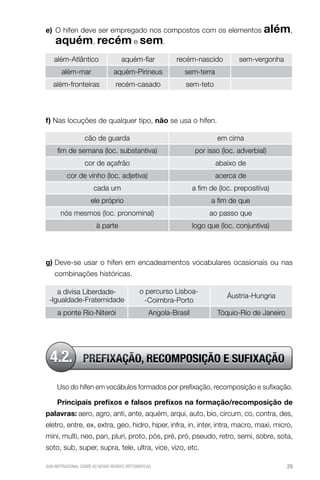 e) O hífen deve ser empregado nos compostos com os elementos                               além,
    aquém, recém e sem.
    além-Atlântico                   aquém-fiar           recém-nascido           sem-vergonha
       além-mar                  aquém-Pirineus              sem-terra
   além-fronteiras                recém-casado               sem-teto



f) Nas locuções de qualquer tipo, não se usa o hífen.

                   cão de guarda                                          em cima
     fim de semana (loc. substantiva)                              por isso (loc. adverbial)
                   cor de açafrão                                         abaixo de
          cor de vinho (loc. adjetiva)                                    acerca de
                       cada um                                    a fim de (loc. prepositiva)
                      ele próprio                                       a fim de que
       nós mesmos (loc. pronominal)                                     ao passo que
                         à parte                                  logo que (loc. conjuntiva)




g) Deve-se usar o hífen em encadeamentos vocabulares ocasionais ou nas
    combinações históricas.

    a divisa Liberdade-                       o percurso Lisboa-
                                                                              Áustria-Hungria
 -Igualdade-Fraternidade                       -Coimbra-Porto
     a ponte Rio-Niterói                          Angola-Brasil           Tóquio-Rio de Janeiro




  4.2.            PREFIXAÇÃO, RECOMPOSIÇÃO E SUFIXAÇÃO

     Uso do hífen em vocábulos formados por prefixação, recomposição e sufixação.

     Principais prefixos e falsos prefixos na formação/recomposição de
palavras: aero, agro, anti, ante, aquém, arqui, auto, bio, circum, co, contra, des,
eletro, entre, ex, extra, geo, hidro, hiper, infra, in, inter, intra, macro, maxi, micro,
mini, multi, neo, pan, pluri, proto, pós, pré, pró, pseudo, retro, semi, sobre, sota,
soto, sub, super, supra, tele, ultra, vice, vizo, etc.

GUIA INSTRUCIONAL SOBRE AS NOVAS REGRAS ORTOGRÁFICAS                                              29
 