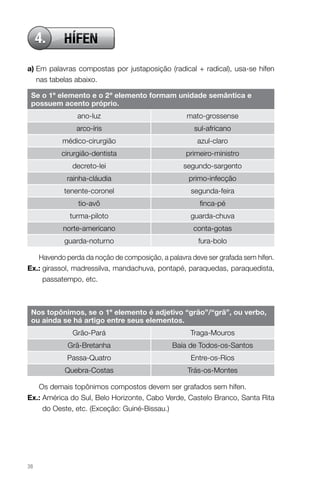 4.    HÍFEN
a) Em palavras compostas por justaposição (radical + radical), usa-se hífen
   nas tabelas abaixo.

 Se o 1º elemento e o 2º elemento formam unidade semântica e
 possuem acento próprio.
               ano-luz                            mato-grossense
               arco-íris                            sul-africano
           médico-cirurgião                          azul-claro
          cirurgião-dentista                      primeiro-ministro
              decreto-lei                        segundo-sargento
            rainha-cláudia                        primo-infecção
           tenente-coronel                         segunda-feira
                tio-avô                               finca-pé
             turma-piloto                          guarda-chuva
           norte-americano                          conta-gotas
           guarda-noturno                            fura-bolo

   Havendo perda da noção de composição, a palavra deve ser grafada sem hífen.
ex.: girassol, madressilva, mandachuva, pontapé, paraquedas, paraquedista,
     passatempo, etc.



 Nos topônimos, se o 1º elemento é adjetivo “grão”/“grã”, ou verbo,
 ou ainda se há artigo entre seus elementos.
              Grão-Pará                            Traga-Mouros
            Grã-Bretanha                     Baía de Todos-os-Santos
            Passa-Quatro                           Entre-os-Rios
           Quebra-Costas                          Trás-os-Montes

   Os demais topônimos compostos devem ser grafados sem hífen.
ex.: América do Sul, Belo Horizonte, Cabo Verde, Castelo Branco, Santa Rita
     do Oeste, etc. (Exceção: Guiné-Bissau.)




38
 