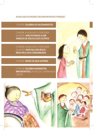 ACHAS QUE OS PADRES SÃO IMPORTANTES? PORQUÊ?

O PADRE CELEBRA OS SACRAMENTOS
O PADRE AJUDA-NOS A PERCEBER
QUANDO NÃO ESTAMOS A SER
AMIGOS DE JESUS E DOS OUTROS
O PADRE AJUDA-NOS A PERCEBER
QUANDO NOS fala DE JESUS E
REZA PELA SUA COMUNIDADE
O PADRE VISITA OS QUE SOFREM
O PADRE CELEBRA MOMENTOS
IMPORTANTES DA NOSSA CAMINHADA
CRISTÃ

 