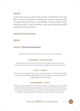 Oração

Senhor, Vós que nos amais antes de Vos conhecermos, Vós que
dais a vida ao vosso povo e tendes para cada um uma vocação
de amor, fazei-nos crescer na docilidade ao vosso Espírito, para
reconhecermos a vossa vontade e nada mais querermos senão
realizá-la. Por Nosso Senhor.
Oração pelos Seminários
Bênção
Cântico | Nossa Senhora do Sim
Explicação da relação dos símbolos com os passos da vocação
Chamamento – Alicerces/Chão
Os alicerces são o primeiro momento de qualquer construção e o seu
fundamento, assim como o chamamento também o é para uma vocação.
Escuta – Paredes
Para escutar é necessário cortar com tantas vozes que nos distraem. Também
é essa uma das missões das paredes, que criam para a casa um ambiente
propício para o recolhimento.
Discernimento – Janela
Para uma resposta autêntica é necessário olhar em volta, para a comunidade
e deixar o olhar da comunidade revelar-se sobre mim. Assim também a casa
não pode ser isolada dos que me rodeiam. As janelas permitem-me olhar o
mundo e a comunidade e permitem que a luz ilumina o seu interior.

PARA QUE CRISTO SE FORME EM NÓS!

45

 