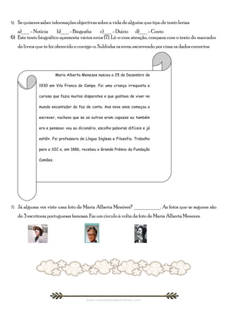 5)   Se quiseres saber informações objectivas sobre a vida de alguém que tipo de texto lerias:
   a)___ - Notícia     b)___ - Biografia     c)___ - Diário d)___ - Conto
6) Este texto biográfico apresenta vários erros (7). Lê-o com atenção, compara com o texto do marcador
     de livros que te foi oferecido e corrige-o. Sublinha os erros, escrevendo por cima os dados correctos:




                          Maria Alberta Menezes nasceu a 25 de Dezembro de

                1930 em Vila Franca do Campo. Foi uma criança irrequieta e

                curiosa que fazia muitos disparates e que gostava de viver no

                mundo encantador do faz de conta. Aos nove anos começou a

                escrever, «achava que se os outros eram capazes eu também

                era e pensava: vou ao dicionário, escolho palavras difíceis e já

                está!». Foi professora de Língua Inglesa e Filosofia. Trabalho

                para a SIC e, em 1886, recebeu o Grande Prémio da Fundação

                Camões.




7)   Já alguma vez viste uma foto de Maria Alberta Menéres? __________. As fotos que se seguem são
     de 3 escritoras portuguesas famosas. Faz um círculo à volta da foto de Maria Alberta Meneres.




                                           www.castelodosaprendizes.com
 
