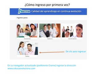 ¿Cómo ingreso por primera vez? 
De clic para ingresar 
En su navegador actualizado (preferente Crome) ingrese la dirección 
www.educaevoluciona.com 
 