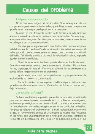 Causas del problema
      Origen desconocido
     No se conoce el origen del tartamudeo. Sí se sabe que existe un
componente genético en la tartamudez, que influye en que una persona
 pueda tener una mayor predisposición a tartamudear.
      También es más frecuente dentro de la familia y es más fácil que
aparezca cuando existe otro pariente que tartamudea. Sin embargo,
aunque el niño, tenga un familiar que tartamudee, necesariamente no
va a llegar a ser tartamudo también.
        Por otra parte, algunos niños con disfluencias pueden ser poco
habilidosos en la coordinación de movimientos los relacionados con el
habla y por ello puede que necesite más tiempo para controlar la movilidad
del habla. Así, si se le enseña a disminuir la velocidad al hablar, le puede
ayudar a mejorar su fluidez.
       El estrés emocional también puede afectar el habla del niño.
Cuando uno se siente nervioso puede aumentar la dificultad. De la misma
forma, la percepción que el niño tenga sobre su forma de expresarse
puede influir negativamente en el problema.
        Igualmente, la actitud de los padres es muy importante en la
evolución de su hijo en su comunicación.
        Por tanto, está en su mano poder modificar algunas actitudes que
 pueden ayudarle a tener menos dificultades de fluidez o que incluso,
deje de tenerlas.
      ¿A quién afecta?
      Se ha encontrado que pueden presentar tartamudez todo tipo de
personas, sin que se haya encontrado relación con problemas de inteligencia,
problemas psicológicos o de personalidad. Los niños o adultos que
tartamudean son normales, excepto en su forma particular de hablar.
Tampoco se relaciona el problema con el nivel sociocultural, económico
o raza. Si hay evidencia de que el tartamudeo es mucho más frecuente
en los niños, con una proporción de 4 niños por una niña. También es
frecuente en preescolares (4%), que en la población general (1%)


                                                                               21
        Gu a de orientaci n a padres
              Gu a para padres
 