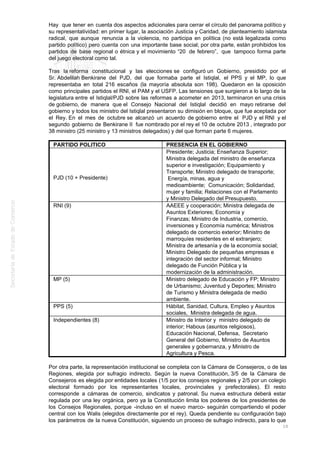 Hay que tener en cuenta dos aspectos adicionales para cerrar el círculo del panorama político y
su representatividad: en primer lugar, la asociación Justicia y Caridad, de planteamiento islamista
radical, que aunque renuncia a la violencia, no participa en política (no está legalizada como
partido político) pero cuenta con una importante base social; por otra parte, están prohibidos los
partidos de base regional o étnica y el movimiento “20 de febrero”, que tampoco forma parte
del juego electoral como tal.
Tras la reforma constitucional y las elecciones se configuró un Gobierno, presidido por el
Sr. Abdelilah Benkirane del PJD, del que formaba parte el Istiqlal, el PPS y el MP, lo que
representaba en total 216 escaños (la mayoría absoluta son 198). Quedaron en la oposición
como principales partidos el RNI, el PAM y el USFP. Las tensiones que surgieron a lo largo de la
legislatura entre el Istiqlal/PJD sobre las reformas a acometer en 2013, terminaron en una crisis
de gobierno, de manera que el Consejo Nacional del Istiqlal decidió en mayo retirarse del
gobierno y todos los ministro del Istiqlal presentaron su dimisión en bloque, que fue aceptada por
el Rey. En el mes de octubre se alcanzó un acuerdo de gobierno entre el PJD y el RNI y el
segundo gobierno de Benkirane II fue nombrado por el rey el 10 de octubre 2013 , integrado por
38 ministro (25 ministro y 13 ministros delegados) y del que forman parte 6 mujeres.
PARTIDO POLITICO PRESENCIA EN EL GOBIERNO
PJD (10 + Presidente)
Presidente; Justicia; Enseñanza Superior;
Ministra delegada del ministro de enseñanza
superior e investigación; Equipamiento y
Transporte; Ministro delegado de transporte;
Energía, minas, agua y
medioambiente; Comunicación; Solidaridad,
mujer y familia; Relaciones con el Parlamento
y Ministro Delegado del Presupuesto.
RNI (9) AAEEE y cooperación; Ministra delegada de
Asuntos Exteriores; Economía y
Finanzas; Ministro de Industria, comercio,
inversiones y Economía numérica; Ministros
delegado de comercio exterior; Ministro de
marroquíes residentes en el extranjero;
Ministra de artesanía y de la economía social;
Ministro Delegado de pequeñas empresas e
integración del sector informal; Ministro
delegado de Función Pública y la
modernización de la administración.
MP (5) Ministro delegado de Educación y FP; Ministro
de Urbanismo; Juventud y Deportes; Ministro
de Turismo y Ministra delegada de medio
ambiente.
PPS (5) Hábitat, Sanidad, Cultura, Empleo y Asuntos
sociales, Ministra delegada de agua.
Independientes (8) Ministro de Interior y ministro delegado de
interior; Habous (asuntos religiosos),
Educación Nacional, Defensa, Secretario
General del Gobierno, Ministro de Asuntos
generales y gobernanza, y Ministro de
Agricultura y Pesca.
Por otra parte, la representación institucional se completa con la Cámara de Consejeros, o de las
Regiones, elegida por sufragio indirecto. Según la nueva Constitución, 3/5 de la Cámara de
Consejeros es elegida por entidades locales (1/5 por los consejos regionales y 2/5 por un colegio
electoral formado por los representantes locales, provinciales y prefectorales). El resto
corresponde a cámaras de comercio, sindicatos y patronal. Su nueva estructura deberá estar
regulada por una ley orgánica, pero ya la Constitución limita los poderes de los presidentes de
los Consejos Regionales, porque -incluso en el nuevo marco- seguirán compartiendo el poder
central con los Walis (elegidos directamente por el rey). Queda pendiente su configuración bajo
los parámetros de la nueva Constitución, siguiendo un proceso de sufragio indirecto, para lo que
10
 