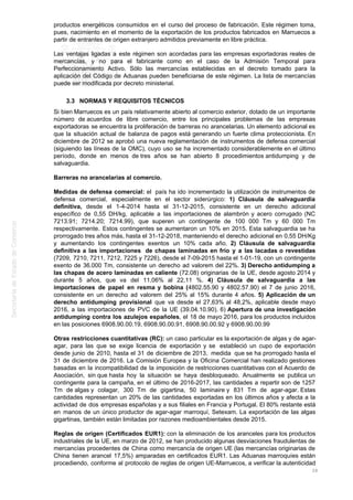 productos energéticos consumidos en el curso del proceso de fabricación. Este régimen toma,
pues, nacimiento en el momento de la exportación de los productos fabricados en Marruecos a
partir de entrantes de origen extranjero admitidos previamente en libre práctica.
Las ventajas ligadas a este régimen son acordadas para las empresas exportadoras reales de
mercancías, y no para el fabricante como en el caso de la Admisión Temporal para
Perfeccionamiento Activo. Sólo las mercancías establecidas en el decreto tomado para la
aplicación del Código de Aduanas pueden beneficiarse de este régimen. La lista de mercancías
puede ser modificada por decreto ministerial.
3.3 NORMAS Y REQUISITOS TÉCNICOS
Si bien Marruecos es un país relativamente abierto al comercio exterior, dotado de un importante
número de acuerdos de libre comercio, entre los principales problemas de las empresas
exportadoras se encuentra la proliferación de barreras no arancelarias. Un elemento adicional es
que la situación actual de balanza de pagos está generando un fuerte clima proteccionista. En
diciembre de 2012 se aprobó una nueva reglamentación de instrumentos de defensa comercial
(siguiendo las líneas de la OMC), cuyo uso se ha incrementado considerablemente en el último
período, donde en menos de tres años se han abierto 8 procedimientos antidumping y de
salvaguardia.
Barreras no arancelarias al comercio.
Medidas de defensa comercial: el país ha ido incrementado la utilización de instrumentos de
defensa comercial, especialmente en el sector siderúrgico: 1) Cláusula de salvaguardia
definitiva, desde el 1-4-2014 hasta el 31-12-2015, consistente en un derecho adicional
específico de 0,55 DH/kg, aplicable a las importaciones de alambrón y acero corrugado (NC
7213.91; 7214.20; 7214.99), que superen un contingente de 100 000 Tm y 60 000 Tm
respectivamente. Estos contingentes se aumentaron un 10% en 2015. Esta salvaguardia se ha
prorrogado tres años más, hasta el 31-12-2018, manteniendo el derecho adicional en 0,55 DH/Kg
y aumentando los contingentes exentos un 10% cada año. 2) Cláusula de salvaguardia
definitiva a las importaciones de chapas laminadas en frío y a las lacadas o revestidas
(7209, 7210, 7211, 7212, 7225 y 7226), desde el 7-09-2015 hasta el 1-01-19, con un contingente
exento de 36.000 Tm, consistente un derecho ad valorem del 22%. 3) Derecho antidumping a
las chapas de acero laminadas en caliente (72.08) originarias de la UE, desde agosto 2014 y
durante 5 años, que va del 11,06% al 22,11 %. 4) Cláusula de salvaguardia a las
importaciones de papel en resma y bobina (4802.55.90 y 4802.57.90) el 7 de junio 2016,
consistente en un derecho ad valorem del 25% al 15% durante 4 años. 5) Aplicación de un
derecho antidumping provisional que va desde el 27,63% al 48,2%, aplicable desde mayo
2016, a las importaciones de PVC de la UE (39.04.10.90). 6) Apertura de una investigación
antidumping contra los azulejos españoles, el 18 de mayo 2016, para los productos incluidos
en las posiciones 6908.90.00.19, 6908.90.00.91, 6908.90.00.92 y 6908.90.00.99
Otras restricciones cuantitativas (RC): un caso particular es la exportación de algas y de agar-
agar, para las que se exige licencia de exportación y se estableció un cupo de exportación
desde junio de 2010, hasta el 31 de diciembre de 2013, medida que se ha prorrogado hasta el
31 de diciembre de 2016. La Comisión Europea y la Oficina Comercial han realizado gestiones
basadas en la incompatibilidad de la imposición de restricciones cuantitativas con el Acuerdo de
Asociación, sin que hasta hoy la situación se haya desbloqueado. Anualmente se publica un
contingente para la campaña, en el último de 2016-2017, las cantidades a repartir son de 1257
Tm de algas y colagar, 300 Tm de gigartina, 50 laminaire y 831 Tm de agar-agar. Estas
cantidades representan un 20% de las cantidades exportadas en los últimos años y afecta a la
actividad de dos empresas españolas y a sus filiales en Francia y Portugal. El 80% restante está
en manos de un único productor de agar-agar marroquí, Setexam. La exportación de las algas
gigartinas, también están limitadas por razones medioambientales desde 2015.
Reglas de origen (Certificados EUR1): con la eliminación de los aranceles para los productos
industriales de la UE, en marzo de 2012, se han producido algunas desviaciones fraudulentas de
mercancías procedentes de China como mercancía de origen UE (las mercancías originarias de
China tienen arancel 17,5%) amparadas en certificados EUR1. Las Aduanas marroquíes están
procediendo, conforme al protocolo de reglas de origen UE-Marruecos, a verificar la autenticidad
26
 