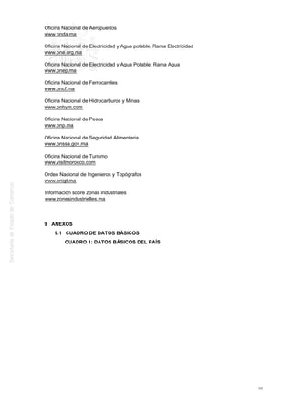Oficina Nacional de Aeropuertos
www.onda.ma
Oficina Nacional de Electricidad y Agua potable, Rama Electricidad
www.one.org.ma
Oficina Nacional de Electricidad y Agua Potable, Rama Agua
www.onep.ma
Oficina Nacional de Ferrocarriles
www.oncf.ma
Oficina Nacional de Hidrocarburos y Minas
www.onhym.com
Oficina Nacional de Pesca
www.onp.ma
Oficina Nacional de Seguridad Alimentaria
www.onssa.gov.ma
Oficina Nacional de Turismo
www.visitmorocco.com
Orden Nacional de Ingenieros y Topógrafos
www.onigt.ma
Información sobre zonas industriales
www.zonesindustrielles.ma
9 ANEXOS
9.1 CUADRO DE DATOS BÁSICOS
CUADRO 1: DATOS BÁSICOS DEL PAÍS
98
 