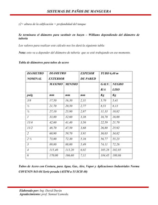 SISTEMAS DE PAÑOS DE MANGUERA

z2= altura de la edificación + profundidad del tanque
Se terminara el diámetro para sustituir en hazen – Williams dependiendo del diámetro de
tubería
Los valores para realizar este cálculo nos los dará la siguiente tabla:
Nota: esto va a depender del diámetro de tubería que se esté trabajando en ese momento.
Tabla de diámetros para tubos de acero

DIAMETRO

DIAMETRO

ESPESOR

NOMINAL

EXTERIOR

DE PARED

MAXIMO MINIMO

TUBO 6,40 m

GALV. NEGRO
R/A

LISO

pulg

mm

mm

mm

Kg

Kg

3/8

17,50

16,30

2,31

5,70

5,41

½

21,70

20,50

2,77

8,51

8,13

¾

27,10

25,90

2,87

11,33

10,82

1

33,80

32,60

3,38

16,70

16,00

11/4

42,60

41,40

3,56

22,59

21,70

11/2

48,70

47,50

3,68

26,88

25,92

2

60,90

59,70

3,91

36,03

34,82

2½

73,80

72,30

5,16

56,77

55,23

3

89,80

88,00

5,49

74,11

72,26

4

115,40

113,20

6,02

105,28

102,85

6

170,00

166,60

7,11

184,45

180,86

Tubos de Acero con Costura, para Agua, Gas, Aire, Vapor y Aplicaciones Industriales Norma
COVENIN 843-84 Serie pesada (ASTM a 53 SCH 40)

Elaborado por: Ing. David Durán
Agradecimiento: prof. Samuel Lameda.

 
