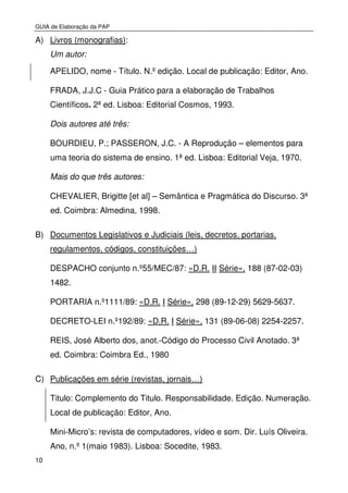 GUIA de Elaboração da PAP
10
A) Livros (monografias):
Um autor:
APELIDO, nome - Título. N.º edição. Local de publicação: Editor, Ano.
FRADA, J.J.C - Guia Prático para a elaboração de Trabalhos
Científicos. 2ª ed. Lisboa: Editorial Cosmos, 1993.
Dois autores até três:
BOURDIEU, P.; PASSERON, J.C. - A Reprodução – elementos para
uma teoria do sistema de ensino. 1ª ed. Lisboa: Editorial Veja, 1970.
Mais do que três autores:
CHEVALIER, Brigitte [et al] – Semântica e Pragmática do Discurso. 3ª
ed. Coimbra: Almedina, 1998.
B) Documentos Legislativos e Judiciais (leis, decretos, portarias,
regulamentos, códigos, constituições…)
DESPACHO conjunto n.º55/MEC/87: «D.R. II Série», 188 (87-02-03)
1482.
PORTARIA n.º1111/89: «D.R. I Série», 298 (89-12-29) 5629-5637.
DECRETO-LEI n.º192/89: «D.R. I Série», 131 (89-06-08) 2254-2257.
REIS, José Alberto dos, anot.-Código do Processo Civil Anotado. 3ª
ed. Coimbra: Coimbra Ed., 1980
C) Publicações em série (revistas, jornais…)
Titulo: Complemento do Titulo. Responsabilidade. Edição. Numeração.
Local de publicação: Editor, Ano.
Mini-Micro’s: revista de computadores, vídeo e som. Dir. Luís Oliveira.
Ano, n.º 1(maio 1983). Lisboa: Socedite, 1983.
 