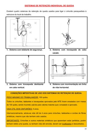 14
SISTEMAS DE RETENÇÃO INDIVIDUAL DE QUEDA
Existem quatro sistemas de retenção de queda usados para ligar o cinturão paraquedista à
estrutura do local de trabalho.
1. Sistema com talabarte de segurança. 2. Sistema com travaqueda de cabo
retrátil.
3. Sistema com travaqueda deslizante
em cabo vertical.
4. Sistema com movimentação em linha
de vida horizontal.
CONDIÇÕES IMPEDITIVAS DE USO DOS SISTEMAS DE RETENÇÃO DE QUEDA:
PESO MÁXIMO DO TRABALHADOR: 100 quilos.
Todos os cinturões, talabartes e travaquedas aprovados pelo MTE foram ensaiados com massa
de 100 quilos, sendo incorreto usá-los para valores maiores que o ensaiado e aprovado.
VIDA ÚTIL DOS CINTURÕES: 4 anos.
Internacionalmente, adota-se vida útil de 4 anos para cinturões, talabartes e cordas de fibras
sintéticas, mesmo que não tenham sido usados.
IMPORTANTE: Cinturões e outros materiais sintéticos que aparentam estar perfeitos, porém
tenham retido uma queda, ou tenham vida útil vencida, devem ser inutilizados e descartados.
 