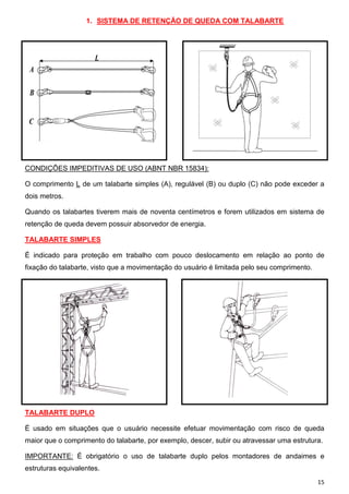 1. SISTEMA DE RETENÇÃO DE QUEDA COM TALABARTE




CONDIÇÕES IMPEDITIVAS DE USO (ABNT NBR 15834):

O comprimento L de um talabarte simples (A), regulável (B) ou duplo (C) não pode exceder a
dois metros.

Quando os talabartes tiverem mais de noventa centímetros e forem utilizados em sistema de
retenção de queda devem possuir absorvedor de energia.

TALABARTE SIMPLES

É indicado para proteção em trabalho com pouco deslocamento em relação ao ponto de
fixação do talabarte, visto que a movimentação do usuário é limitada pelo seu comprimento.




TALABARTE DUPLO

É usado em situações que o usuário necessite efetuar movimentação com risco de queda
maior que o comprimento do talabarte, por exemplo, descer, subir ou atravessar uma estrutura.

IMPORTANTE: É obrigatório o uso de talabarte duplo pelos montadores de andaimes e
estruturas equivalentes.
                                                                                             15
 