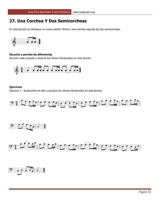 Guía Para Aprender A Leer Partitura www.luislarahn.org
Página 32
27. Una Corchea Y Dos Semicorcheas
En esta lección se introduce un nuevo patrón rítmico: Una corchea seguida de dos semicorcheas.
Escucha y percibe las diferencias
Escucha cada compás y observa los ritmos introducidos en esta lección:
Ejercicios
Ejercicio 1 - Acostumbra el oído y practica los ritmos introducidos en esta lección.
 