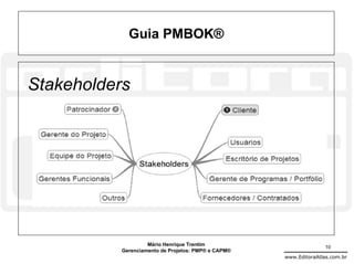 Guia PMBOK®


Stakeholders




                    Mário Henrique Trentim                          10
           Gerenciamento de Projetos: PMP® e CAPM®
                                                     www.EditoraAtlas.com.br
 