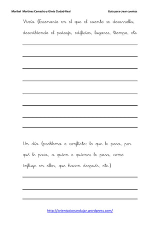 Maribel Martínez Camacho y Ginés Ciudad-Real                   Guía para crear cuentos


        Vivía (Escenario en el que el cuento se desarrolla,

        describiendo el paisaje, edificios, lugares, tiempo, etc




        Un día (problema o conflicto: lo que le pasa, por

        qué le pasa, a quien o quienes le pasa, como

        influye en ellos, que hacen después, etc.)




                          http://orientacionandujar.wordpress.com/
 