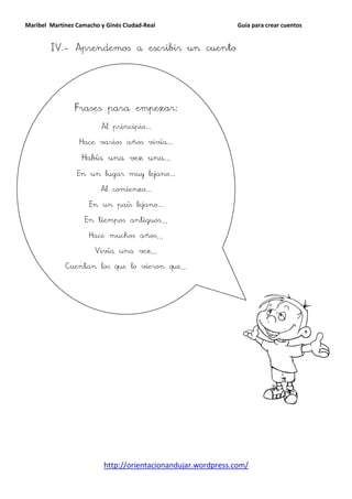 Maribel Martínez Camacho y Ginés Ciudad-Real                   Guía para crear cuentos


        IV.- Aprendemos a escribir un cuento




                Frases para empezar:

                         Al principio...

                  Hace varios años vivía...

                   Había una vez una...

                 En un lugar muy lejano...

                         Al comienzo...

                     En un país lejano...

                    En tiempos antiguos…

                     Hace muchos años…

                       Vivía una vez…

             Cuentan los que lo vieron que…




                          http://orientacionandujar.wordpress.com/
 