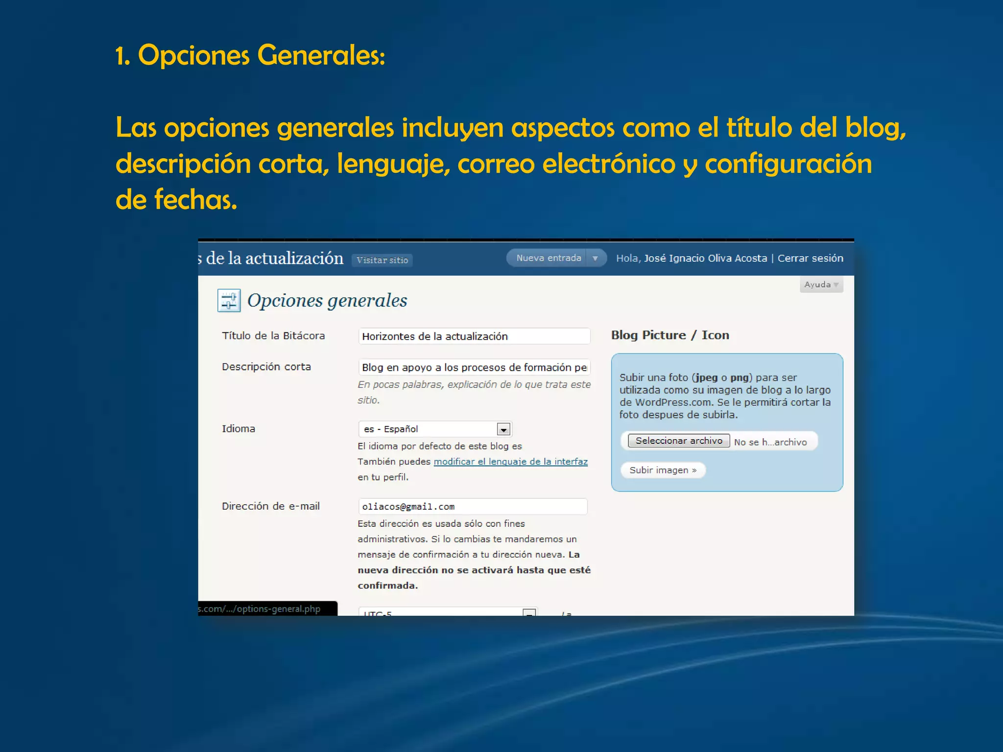 1. Opciones Generales:Las opciones generales incluyen aspectos como el título del blog, descripción corta, lenguaje, correo electrónico y configuración de fechas.