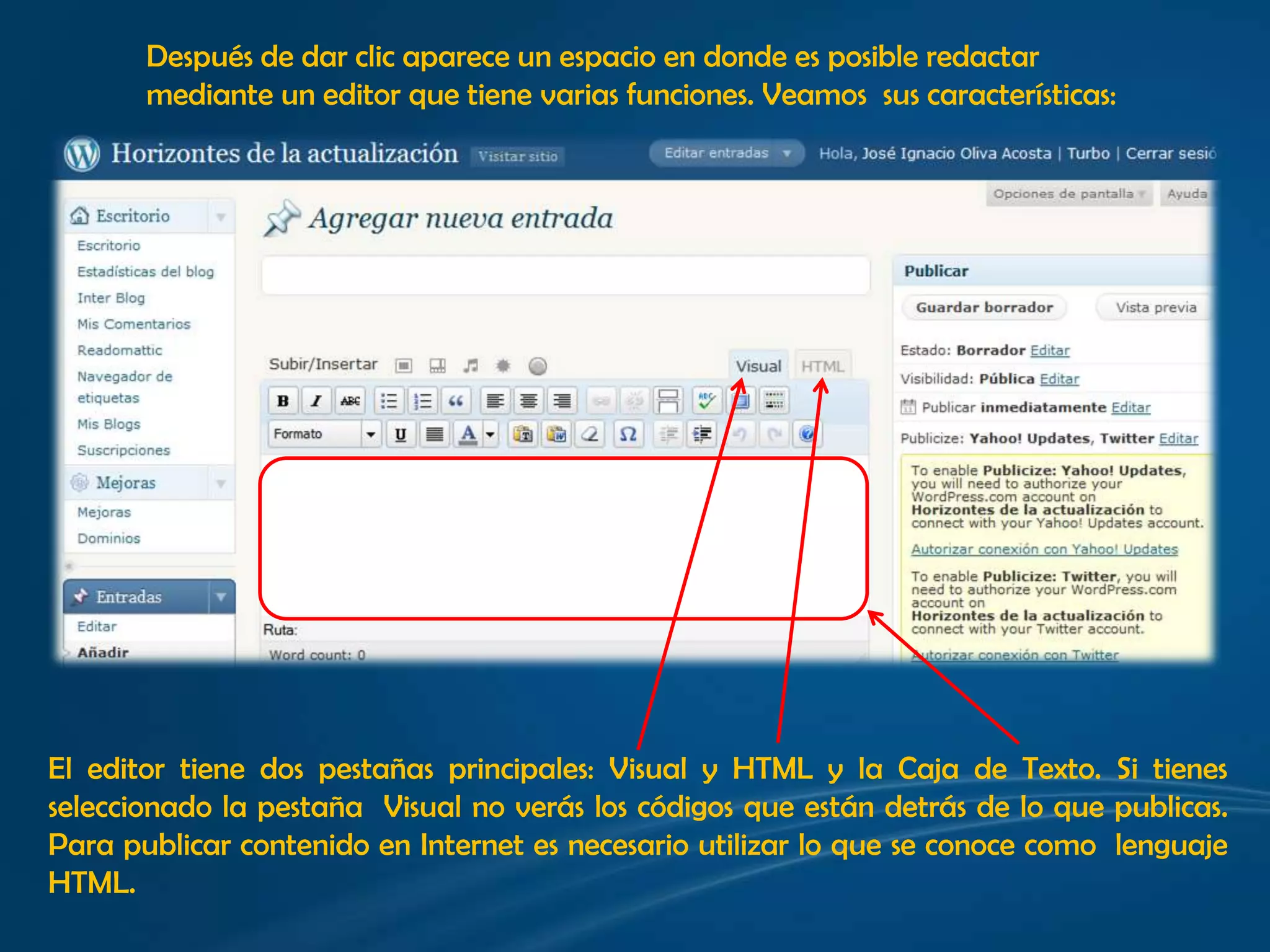 Después de dar clic aparece un espacio en donde es posible redactar mediante un editor que tiene varias funciones. Veamos  sus características:El editor tiene dos pestañas principales: Visual y HTML y la Caja de Texto. Si tienes seleccionado la pestaña  Visual no verás los códigos que están detrás de lo que publicas. Para publicar contenido en Internet es necesario utilizar lo que se conoce como  lenguaje HTML.
