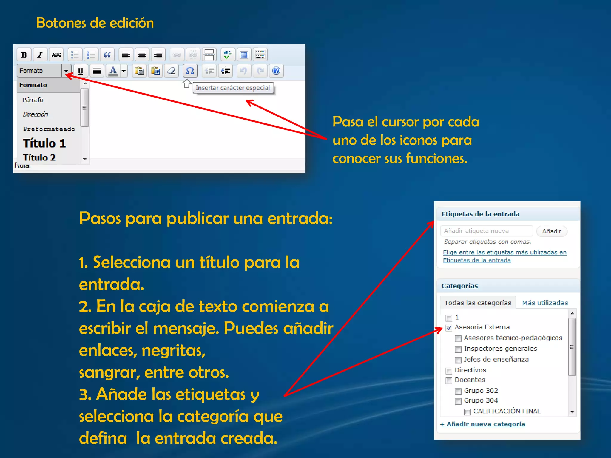 Botones de ediciónPasa el cursor por cada uno de los iconos para conocer sus funciones.Pasos para publicar una entrada:1. Selecciona un título para la entrada.2. En la caja de texto comienza a escribir el mensaje. Puedes añadir enlaces, negritas,sangrar, entre otros.3. Añade las etiquetas y selecciona la categoría que defina  la entrada creada.