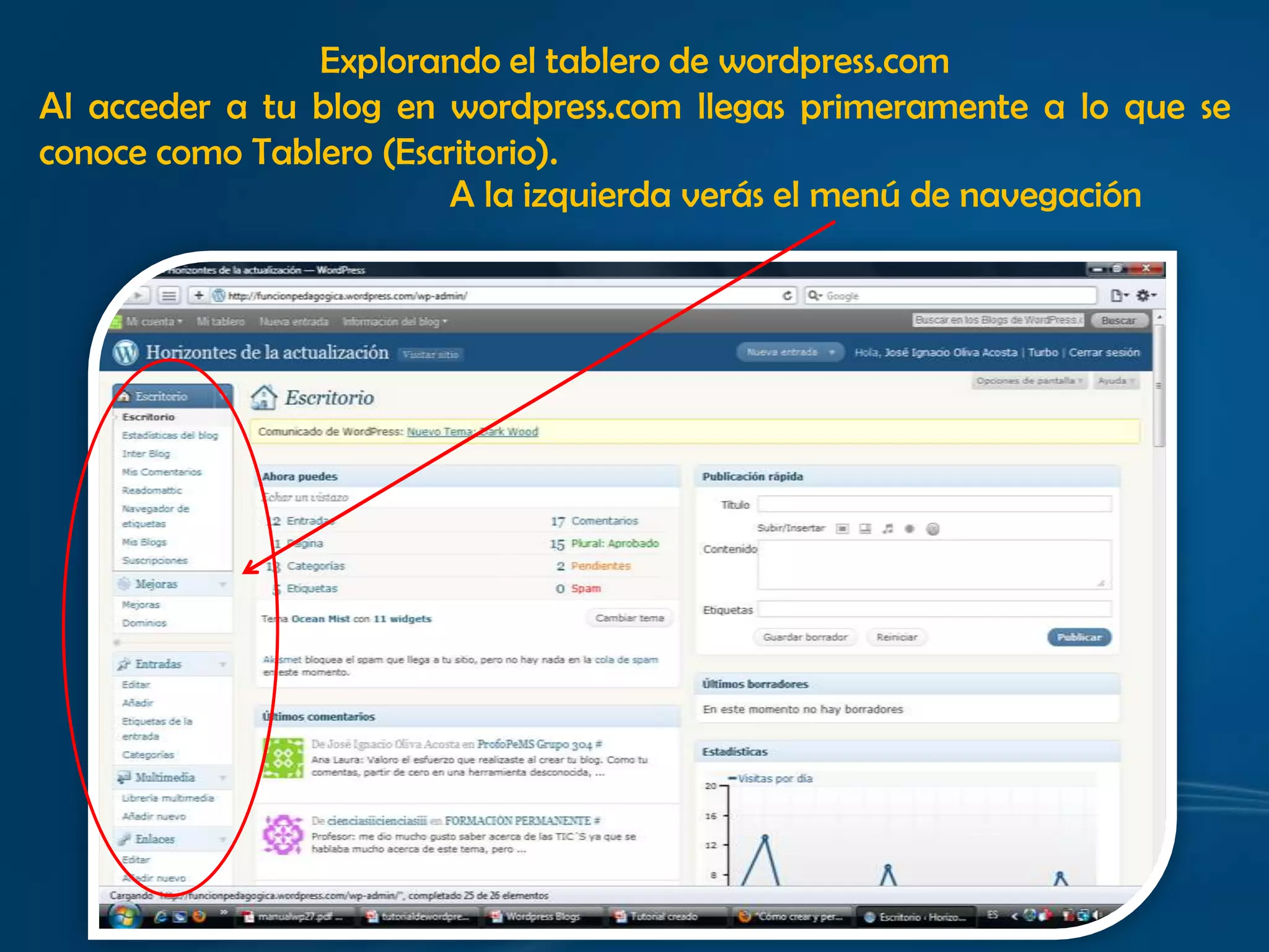 Explorando el tablero de wordpress.comAl acceder a tu blog en wordpress.com llegas primeramente a lo que se conoce como Tablero (Escritorio).A la izquierda verás el menú de navegación