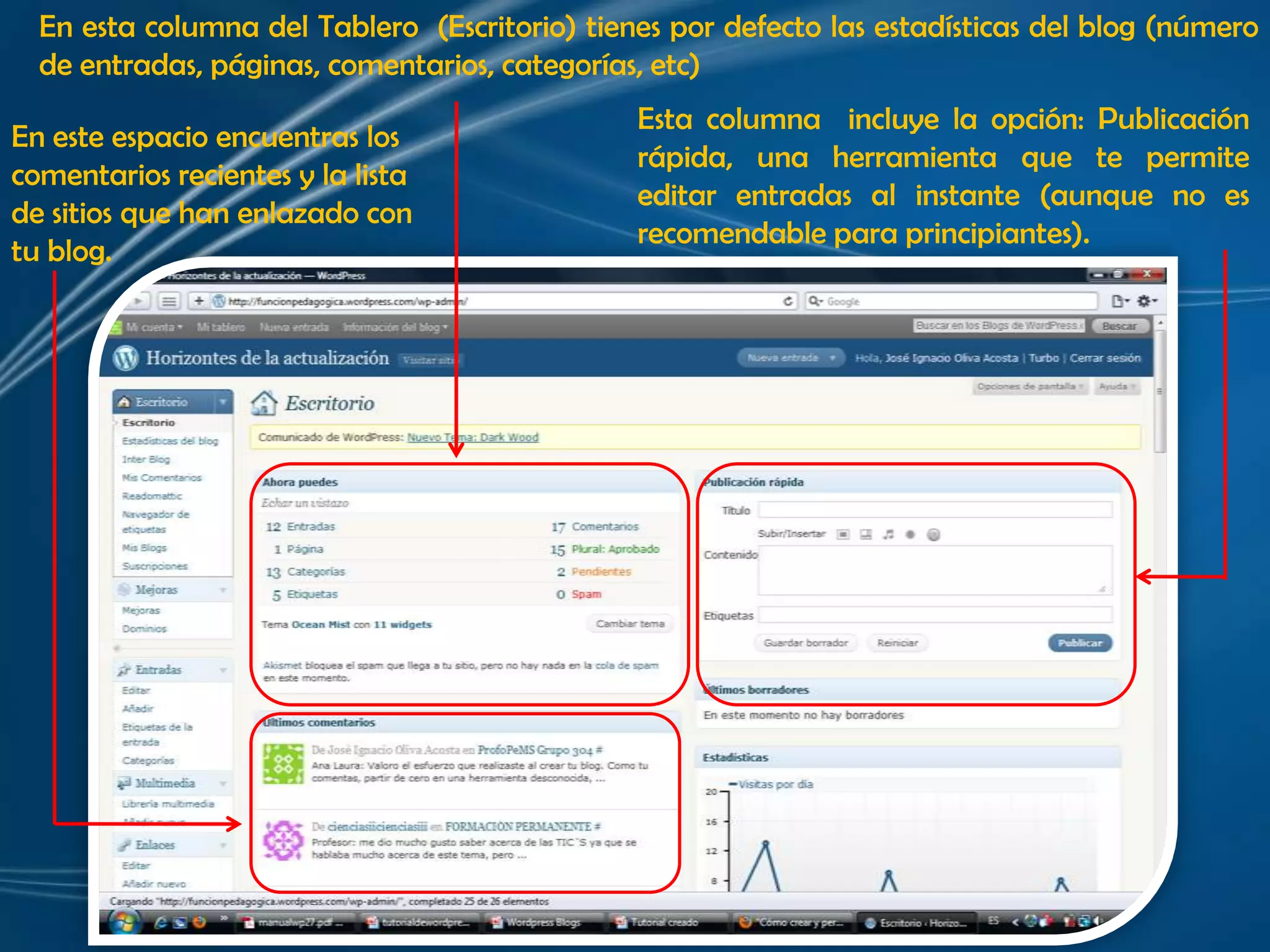 En esta columna del Tablero  (Escritorio) tienes por defecto las estadísticas del blog (número de entradas, páginas, comentarios, categorías, etc)Esta columna  incluye la opción: Publicación rápida, una herramienta que te permite editar entradas al instante (aunque no es recomendable para principiantes).En este espacio encuentras los comentarios recientes y la lista de sitios que han enlazado con tu blog.