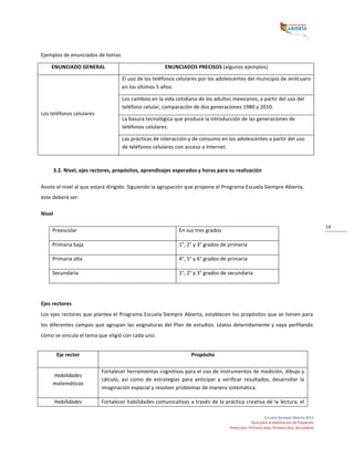  
Escuela	
  Siempre	
  Abierta	
  2013	
  
Guía	
  para	
  la	
  elaboración	
  de	
  Proyectos	
  
Preescolar,	
  Primaria	
  baja,	
  Primaria	
  alta,	
  Secundaria	
  
14	
  
Ejemplos	
  de	
  enunciados	
  de	
  temas	
  
ENUNCIADO	
  GENERAL	
   ENUNCIADOS	
  PRECISOS	
  (algunos	
  ejemplos)	
  
	
  
	
  
	
  
Los	
  teléfonos	
  celulares	
  	
  
El	
  uso	
  de	
  los	
  teléfonos	
  celulares	
  por	
  los	
  adolescentes	
  del	
  municipio	
  de	
  Jerécuaro	
  
en	
  los	
  últimos	
  5	
  años.	
  	
  
Los	
  cambios	
  en	
  la	
  vida	
  cotidiana	
  de	
  los	
  adultos	
  mexicanos,	
  a	
  partir	
  del	
  uso	
  del	
  
teléfono	
  celular,	
  comparación	
  de	
  dos	
  generaciones	
  1980	
  y	
  2010.	
  	
  
La	
  basura	
  tecnológica	
  que	
  produce	
  la	
  introducción	
  de	
  las	
  generaciones	
  de	
  
teléfonos	
  celulares.	
  	
  
Las	
  prácticas	
  de	
  interacción	
  y	
  de	
  consumo	
  en	
  los	
  adolescentes	
  a	
  partir	
  del	
  uso	
  
de	
  teléfonos	
  celulares	
  con	
  acceso	
  a	
  Internet.	
  	
  
	
  
3.2.	
  Nivel,	
  ejes	
  rectores,	
  propósitos,	
  aprendizajes	
  esperados	
  y	
  horas	
  para	
  su	
  realización	
  
Anote	
  el	
  nivel	
  al	
  que	
  estará	
  dirigido.	
  Siguiendo	
  la	
  agrupación	
  que	
  propone	
  el	
  Programa	
  Escuela	
  Siempre	
  Abierta,	
  
éste	
  deberá	
  ser:	
  	
  	
  
Nivel	
  
Preescolar	
   En	
  sus	
  tres	
  grados	
  
Primaria	
  baja	
   1°,	
  2°	
  y	
  3°	
  grados	
  de	
  primaria	
  
Primaria	
  alta	
   4°,	
  5°	
  y	
  6°	
  grados	
  de	
  primaria	
  
Secundaria	
   1°,	
  2°	
  y	
  3°	
  grados	
  de	
  secundaria	
  
	
  
Ejes	
  rectores	
  
Los	
  ejes	
  rectores	
  que	
  plantea	
  el	
  Programa	
  Escuela	
  Siempre	
  Abierta,	
  establecen	
  los	
  propósitos	
  que	
  se	
  tienen	
  para	
  
los	
  diferentes	
  campos	
  que	
  agrupan	
  las	
  asignaturas	
  del	
  Plan	
  de	
  estudios.	
  Léalos	
  detenidamente	
  y	
  vaya	
  perfilando	
  
cómo	
  se	
  vincula	
  el	
  tema	
  que	
  eligió	
  con	
  cada	
  uno.	
  	
  
	
  
Eje	
  rector	
   Propósito	
  
Habilidades	
  
matemáticas	
  
Fortalecer	
  herramientas	
  cognitivas	
  para	
  el	
  uso	
  de	
  instrumentos	
  de	
  medición,	
  dibujo	
  y	
  
cálculo,	
   así	
   como	
   de	
   estrategias	
   para	
   anticipar	
   y	
   verificar	
   resultados,	
   desarrollar	
   la	
  
imaginación	
  espacial	
  y	
  resolver	
  problemas	
  de	
  manera	
  sistemática.	
  
Habilidades	
   Fortalecer	
  habilidades	
  comunicativas	
  a	
  través	
  de	
  la	
  práctica	
  creativa	
  de	
  la	
  lectura,	
  el	
  
 
