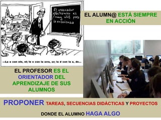 EL ALUMN@ ESTÁ SIEMPRE
                                 EN ACCIÓN




   EL PROFESOR ES EL
    ORIENTADOR DEL
  APRENDIZAJE DE SUS
        ALUMNOS

PROPONER TAREAS, SECUENCIAS DIDÁCTICAS Y PROYECTOS
            DONDE EL ALUMNO HAGA ALGO
 