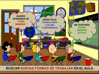 QUIERO
   APRENDER DE    SERÍA FELIZ
      “OTRA      TRABAJANDO
     MANERA”       CON MIS       ME GUSTARÍA
                 COMPAÑEROS         ESTAR
                                   SIEMPRE
                                    ACTIVO




BUSCAR NUEVAS FORMAS DE TRABAJAR EN EL AULA
 