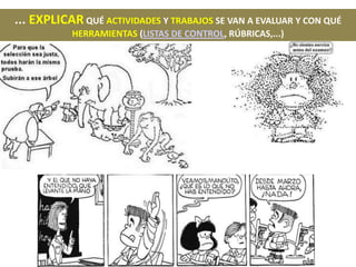 ... EXPLICAR QUÉ ACTIVIDADES Y TRABAJOS SE VAN A EVALUAR Y CON QUÉ
           HERRAMIENTAS (LISTAS DE CONTROL, RÚBRICAS,...)
 