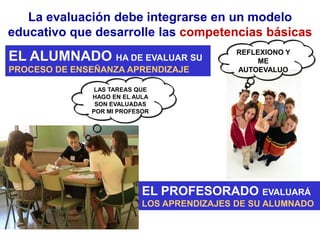 La evaluación debe integrarse en un modelo
educativo que desarrolle las competencias básicas
                                            REFLEXIONO Y
EL ALUMNADO HA DE EVALUAR SU                     ME
PROCESO DE ENSEÑANZA APRENDIZAJE            AUTOEVALUO

               LAS TAREAS QUE
              HAGO EN EL AULA
               SON EVALUADAS
              POR MI PROFESOR




                           EL PROFESORADO EVALUARÁ
                           LOS APRENDIZAJES DE SU ALUMNADO
 