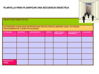 PLANTILLA PARA PLANIFICAR UNA SECUENCIA DIDÁCTICA




OBJETIVOS DIDÁCTICOS:


ACTIVIDADES A REALIZAR (INTENTAR DAR PAUTAS PARA ELABORAR CADA ACTIVIDAD,
PROCEDIMIENTOS, EJEMPLIFICACIONES,...
ACTIVIDADES   RECURSOS   AGRUPAMIENTOS   TIEMPOS   COMPETENCIAS   INSTRUMENTOS DE   EVALUACIÓN
                                                   TRABAJADAS     APRENDIZAJE




PRODUCTO
FINAL
 