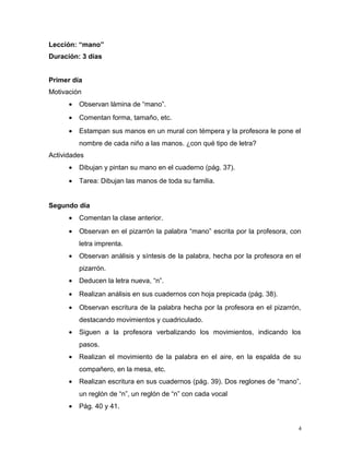 Lección: “mano”
Duración: 3 días
Primer día
Motivación
• Observan lámina de “mano”.
• Comentan forma, tamaño, etc.
• Estampan sus manos en un mural con témpera y la profesora le pone el
nombre de cada niño a las manos. ¿con qué tipo de letra?
Actividades
• Dibujan y pintan su mano en el cuaderno (pág. 37).
• Tarea: Dibujan las manos de toda su familia.
Segundo día
• Comentan la clase anterior.
• Observan en el pizarrón la palabra “mano” escrita por la profesora, con
letra imprenta.
• Observan análisis y síntesis de la palabra, hecha por la profesora en el
pizarrón.
• Deducen la letra nueva, “n”.
• Realizan análisis en sus cuadernos con hoja prepicada (pág. 38).
• Observan escritura de la palabra hecha por la profesora en el pizarrón,
destacando movimientos y cuadriculado.
• Siguen a la profesora verbalizando los movimientos, indicando los
pasos.
• Realizan el movimiento de la palabra en el aire, en la espalda de su
compañero, en la mesa, etc.
• Realizan escritura en sus cuadernos (pág. 39). Dos reglones de “mano”,
un reglón de “n”, un reglón de “n” con cada vocal
• Pág. 40 y 41.
4
 