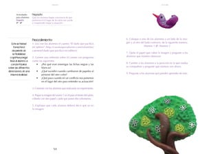 54
empatía
Esta actividad
fomenta el
desarrollo de
la flexibilidad
cognitiva porque
lleva al alumno a
concientizarse
sobre las diferentes
dimensiones de una
misma realidad.
Procedimiento:
1. Lea con los alumnos el cuento: "El dado que pacificó
mi tablero" (http://cuentosparadormir.com/infantiles/
cuento/el-dado-que-pacifico-mi-tablero).
2. Genere una reflexión sobre el cuento con preguntas
como las siguientes:
•	 ¿Por qué eran enemigas las fichas negras y las
blancas?
•	 ¿Qué sucedió cuando cambiaron de papeles al
pintarse del otro color?
•	 ¿Qué pasa cuando en un conflicto nos ponemos
en el lugar del otro para entender su actuación?
3. Comente con los alumnos que realizarán un experimento.
4. Pegue la imagen del anexo 1 en el piso al frente del salón,
cúbrala con otro papel y pida que pasen dos voluntarios.
5. Explique que cada alumno deberá decir qué ve en
la imagen.
6. Coloque a uno de los alumnos a un lado de la ima-
gen y al otro del lado contrario, de la siguiente manera:
Alumno 1 Alumno 2
7. Quite el papel que cubre la imagen y pregunte a los
alumnos que número observan.
8. Cambie a los alumnos a la posición en la que estaba
su compañero y pregunte qué número ven ahora.
9. Pregunte a los alumnos qué pueden aprender de esto.
Actividades
para alumnos:
Empatía
3° I 4°
Propósito:
Que los alumnos hagan conciencia de que
ponernos en el lugar de los otros nos ayuda
a comprender mejor la situación.
octubre
 