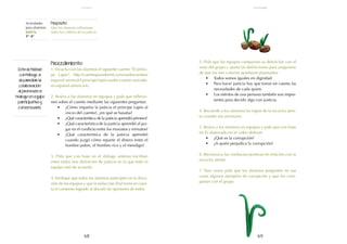 69
68
Esta actividad
contribuye a
desarrollar la
colaboración
al promover el
trabajo en equipo
participativo y
consensuado.
Procedimiento:
1. Escucha con los alumnos el siguiente cuento: "El prínci-
pe Lapio": http://cuentosparadormir.com/audiocuentos/
espanol-neutro/el-principe-lapio-audio-cuento-narrado-
en-espanol-americano.
2. Reúna a los alumnos en equipos y pida que reflexio-
nen sobre el cuento mediante las siguientes preguntas:
•	 ¿Cómo impartía la justicia el príncipe Lapio al
inicio del cuento?, ¿en qué se basaba?
•	 ¿Qué característica de la justicia aprendió primero?
•	 ¿Qué característica de la justicia aprendió al juz-
gar en el conflicto entre los maxiatos y miniatos?
•	 ¿Qué característica de la justicia aprendió
cuando juzgó cómo repartir el dinero entre el
hombre pobre, el hombre rico y el mendigo?
3. Pida que con base en el diálogo anterior escriban
entre todos una definición de justicia en la que todo el
equipo esté de acuerdo.
4. Verifique que todos los alumnos participen en la discu-
sión de los equipos y que la redacción final tome en cuen-
ta el consenso logrado al discutir las opiniones de todos.
5. Pida que los equipos compartan su definición con el
resto del grupo y ajuste las definiciones para asegurarse
de que los tres criterios quedaron plasmados:
•	 Todos somos iguales en dignidad.
•	 Para hacer justicia hay que tomar en cuenta las
necesidades de cada quien.
•	 Los méritos de una persona también son impor-
tantes para decidir algo con justicia.
4. Recuerde a los alumnos las reglas de la escucha aten-
ta cuando sea necesario.
5. Reúna a los alumnos en equipos y pida que con base
en lo observado en el video definan:
•	 ¿Qué es la corrupción?
•	 ¿A quién perjudica la corrupción?
6. Reconozca las conductas positivas en relación con la
escucha atenta.
7. Para cerrar pida que los alumnos pregunten en sus
casas algunos ejemplos de corrupción y que los com-
partan con el grupo.
Actividades
para alumnos:
Justicia
3° I4°
Propósito:
Que los alumnos reflexionen
sobre los criterios de la justicia.
noviembre
justicia
 