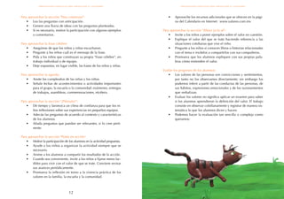 13
12
•	 Aproveche los recursos adicionales que se ofrecen en la pági-
na del Calendario en Internet: www.valores.com.mx
Para aprovechar la sección "Ahora ya lo sé":
•	 Invite a los niños a poner ejemplos sobre el valor en cuestión.
•	 Explique el valor del que se trate haciendo referencia a las
situaciones cotidianas que vive el niño.
•	 Pregunte a los niños si conocen libros o historias relacionadas
con el tema e invítelos a compartirlos con sus compañeros.
•	 Promueva que los alumnos expliquen con sus propias pala-
bras cómo entienden el valor.
Evalúe los progresos de los alumnos:
•	 Los valores de las personas son convicciones y sentimientos,
por tanto no los observamos directamente; sin embargo los
podemos inferir a partir de las conductas de las personas, de
sus hábitos, expresiones emocionales y de los razonamientos
que verbalizan.
•	 Evaluar los valores no significa aplicar un examen para saber
si los alumnos aprendieron la definición del valor. El trabajo
consiste en observar cotidianamente y registrar de manera sis-
temática lo que los alumnos dicen y hacen.
•	 Podemos hacer la evaluación tan sencilla o compleja como
queramos:
Para aprovechar la sección "Para comenzar":
•	 Lea las preguntas con anticipación.
•	 Genere una lluvia de ideas con las preguntas planteadas.
•	 Si es necesario, motive la participación con algunos ejemplos
o comentarios.
Para aprovechar la frase célebre:
•	 Asegúrese de que los niños y niñas escucharon.
•	 Pregunte a los niños cuál es el mensaje de la frase.
•	 Pida a los niños que construyan su propia “frase célebre”, en
trabajo individual o de equipo.
•	 Deje expuestas, en lugar visible, las frases de los niños y niñas.
Para aprovechar la agenda:
•	 Anote los cumpleaños de las niñas y los niños.
•	 Señale fechas de acontecimientos o actividades importantes
para el grupo, la escuela o la comunidad: exámenes, entregas
de trabajos, asambleas, conmemoraciones, etcétera.
Para aprovechar la sección "¡Piénsalo!":
•	 Dé tiempo y favorezca un clima de confianza para que los ni-
ños reflexionen sobre sus experiencias en pequeños equipos.
•	 Adecúe las preguntas de acuerdo al contexto y características
de los alumnos.
•	 Añada preguntas que puedan ser relevantes, si lo cree perti-
nente.
Para aprovechar la sección "Ponte en acción":
•	 Motive la participación de los alumnos en la actividad propuesta.
•	 Ayude a los niños a organizar la actividad siempre que se
necesario.
•	 Anime a los alumnos a compartir los resultados de la acción.
•	 Cuando sea conveniente, invite a los niños a fijarse metas fac-
tibles para vivir con el valor de que se trate. Conviene revisar
sus avances periódicamente.
•	 Promueva la reflexión en torno a la vivencia práctica de los
valores en la familia, la escuela y la comunidad.
orientaciones didácticas para aprovechar el calendario
orientaciones didácticas para aprovechar el calendario
 