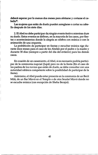 deber4 esperar por lo menos dos meses para afeitarse y cortarse el ca-bello56. 
Las mujeres que est£n de duelo pueden arreglarse o cortar su cabe-llo 
despues de los siete dias. 
2. El Abel no debe participar de ningun evento festivo mientras dure 
su duelo. Estos eventos se definen, en la mayoria de los casos, por fies-tas 
o acontecimientos donde la alegria se celebra con musica o con la 
animaci6n de una orquesta. 
La prohibicidn de participar en fiestas y escuchar musica rige du-rante 
doce meses para el caso de los Abelim por el padre o la madre y 
durante 30 dias (siempre a partir del dia del entierro) para los demas 
casos. 
En ocasion de un casamiento, el Abel, si es necesario podria partici-par 
de la ceremonia nupcial Qupa) pero no de la fiesta (En el caso de 
los padres de los novios que estan de duelo, se debe consultar con una 
autoridad rabinica competente sobre la posibilidad de participar de la 
fiesta). 
Asimismo, el Abel puede estar presente en la ceremonia de un Berit 
Mila, de un Bar Misva en el Templo o de otra Seudat Misva donde no 
se escuche musica (con exception de Sheba Berajot). 
42 
 