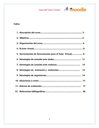 4
Índice
1. Descripción del curso..................................................................... 5
2. Objetivos ……………..………............................................................5
3. Organización del curso…………………………………………………….. 6
4. El tutor virtual…………………………………………………………….…… 8
5. Herramientas de Comunicación para el Tutor Virtual…………….. 8
6. Estrategias de consulta ante dudas…………………………………… 11
7. Estrategias de consulta ante reclamos……………………………… 12
8. Estrategias de animación y motivación…………………………… 12
9. Estrategias de seguimiento……………………………………………… 14
10. Situaciones a evitar………………………………………………………… 17
11. Sistema de evaluación……………………………………………………. 17
12. Referencias bibliográficas…...…………………………………………... 20
 