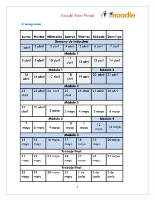 7
Cronograma
Lunes Martes Miércoles Jueves Viernes Sábado Domingo
Semana de inducción
1abril 2 abril 3 abril 4 abril 5 abril 6 abril 7 abril
Módulo 1
8 abril 9 abril 10 abril
11
abril 12 abril 13 abril 14 abril
Módulo 1 Módulo 2
15
abril
16 abril 17 abril
18
abril
19 abril
20 abril 21 abril
Módulo 2
22
abril
23 abril 24 abril 25
abril
26 abril 27 abril 28 abril
Módulo 3
29
abril
30 abril
2 mayo 3 mayo 4 mayo 5 mayo 6 mayo
Módulo 3 Módulo 4
7
mayo 8 mayo 9 mayo
10
mayo
11
mayo
12
mayo
13 mayo
Módulo 4
14
mayo
15
mayo
16 mayo 17
mayo
18
mayo
19
mayo
20 mayo
Trabajo final
21
mayo
22
mayo
23 mayo 24
mayo
25
mayo
26
mayo
27 mayo
Trabajo final
28
mayo
29
mayo
30 mayo 31
mayo
1 de
junio
2 de
junio
3 de
junio
 