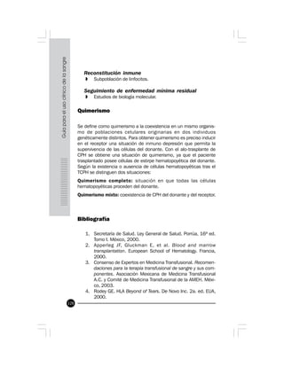 128
Reconstitución inmune
» Subpoblación de linfocitos.
Seguimiento de enfermedad mínima residual
» Estudios de biología molecular.
Quimerismo
Se define como quimerismo a la coexistencia en un mismo organis-
mo de poblaciones celulares originarias en dos individuos
genéticamente distintos. Para obtener quimerismo es preciso inducir
en el receptor una situación de inmuno depresión que permita la
supervivencia de las células del donante. Con el alo-trasplante de
CPH se obtiene una situación de quimerismo, ya que el paciente
trasplantado posee células de estirpe hematopoyética del donante.
Según la existencia o ausencia de células hematopoyéticas tras el
TCPH se distinguen dos situaciones:
Quimerismo completo: situación en que todas las células
hematopoyéticas proceden del donante.
Quimerismo mixto: coexistencia de CPH del donante y del receptor.
Bibliografía
1. Secretaría de Salud. Ley General de Salud. Porrúa, 16ª ed.
Tomo I. México, 2000.
2. Apperleg JF, Gluckman E, et al. Blood and marrow
transplantation. European School of Hematology. Francia,
2000.
3. Consenso de Expertos en Medicina Transfusional. Recomen-
daciones para la terapia transfusional de sangre y sus com-
ponentes. Asociación Mexicana de Medicina Transfusional
A.C. y Comité de Medicina Transfusional de la AMEH. Méxi-
co, 2003.
4. Rodey GE. HLA Beyond of Tears. De Novo Inc. 2a. ed. EUA,
2000.
 
