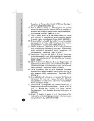 132
Guidelines of the American Society of Clinical Oncology. J
Clin Oncol 2001; 19(5):1519-38.
34. Toor A, Choo SY, Little JA. “Bleeding risk and platelet
transfusion refractoriness in patients with acute myelogenous
leukemia who undergo autologous stem cell transplantation”.
Bone Marrow Transplant 2000; 26:315-20.
35. Deeg HJ, Self S, Storb R, et al. “Decreased incidence of marrow
graft rejection in patients with severe aplastic anemia:
Changing impact of risk factors”, Blood, 1986; 68:1363-8.
36. Sniecisnki I, Oien L, Petz LD, Blume KG. “Immunohematologic
consequences of major ABO mismatched bone marrow
transplantation”. Transplantation 1988; 45:530-3.
37. Salmon JP, Michaux S, Hermanne JP, et al. “Delayed massive
immune hemolysis mediated by minor ABO incompatibility
after allogeneic peripheral blood progenitor cell
transplantation”. Transfusion 1999; 39; 824-7.
38. Benjamin RJ, Connors JM, McGurk S, et al. “Prolonged
erythroid aplasia after major ABO mismatched transplantation
for chronic myeloid leukemia”. Biol Blood Marrow Transplant
1998; 4:151-6.
39. Worel N, Greinix HT, Scneider B, et al. “Regeneration of
erythropoiesis after related and unrelated donor BMT or
peripheral blood HPC transplantation: a major ABO mismatch
means problems”. Transfusion 2000; 40:543-50.
40. Leo A, Mytilineos J, Voso MT, et al. “Passenger lymphocyte
syndrome with severe hemolytic anemia due to an anti-Jka
after allogeneic PBPC transplantation”. Transfusion 2000;
40:632-6.
41. Greeno EW, Perry EH, Ilstrup SJ and Weisdorf DJ. “Exchange
transfusion the hard way: massive hemolysis following
transplantation of bone marrow with minor incompatibility”.
Transfusion 1996; 36:71-4.
42. Sniecinski I. “Management of ABO Incompatibility in
Allogeneic Bone Marrow Transplantation”. Capítulo 35 en For-
man SJ, Blume KG, Thomas ED. Bone Marrow
Transplantation. 1994. Blackwell Scientific Publications. pp
497-503.
43. Dragani A, Angelini A, Iacone A, et al. “Comparison of five
methods for concentrating progenitor cells in human marrow
transplantation”. Blut 1990; 60:278-81.
 