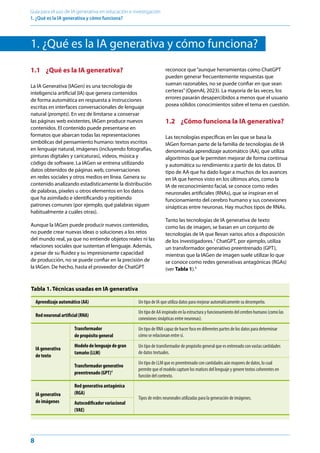 8
Guía para el uso de IA generativa en educación e investigación
1. ¿Qué es la IA generativa y cómo funciona? ﻿
1. ¿Qué es la IA generativa y cómo funciona?
1.1 ¿Qué es la IA generativa?
La IA Generativa (IAGen) es una tecnología de
inteligencia artificial (IA) que genera contenidos
de forma automática en respuesta a instrucciones
escritas en interfaces conversacionales de lenguaje
natural (prompts). En vez de limitarse a conservar
las páginas web existentes, IAGen produce nuevos
contenidos. El contenido puede presentarse en
formatos que abarcan todas las representaciones
simbólicas del pensamiento humano: textos escritos
en lenguaje natural, imágenes (incluyendo fotografías,
pinturas digitales y caricaturas), videos, música y
código de software. La IAGen se entrena utilizando
datos obtenidos de páginas web, conversaciones
en redes sociales y otros medios en línea. Genera su
contenido analizando estadísticamente la distribución
de palabras, píxeles u otros elementos en los datos
que ha asimilado e identificando y repitiendo
patrones comunes (por ejemplo, qué palabras siguen
habitualmente a cuáles otras).
Aunque la IAGen puede producir nuevos contenidos,
no puede crear nuevas ideas o soluciones a los retos
del mundo real, ya que no entiende objetos reales ni las
relaciones sociales que sustentan el lenguaje. Además,
a pesar de su fluidez y su impresionante capacidad
de producción, no se puede confiar en la precisión de
la IAGen. De hecho, hasta el proveedor de ChatGPT
reconoce que“aunque herramientas como ChatGPT
pueden generar frecuentemente respuestas que
suenan razonables, no se puede confiar en que sean
certeras”(OpenAI, 2023). La mayoría de las veces, los
errores pasarán desapercibidos a menos que el usuario
posea sólidos conocimientos sobre el tema en cuestión.
1.2 ¿Cómo funciona la IA generativa?
Las tecnologías específicas en las que se basa la
IAGen forman parte de la familia de tecnologías de IA
denominada aprendizaje automático (AA), que utiliza
algoritmos que le permiten mejorar de forma continua
y automática su rendimiento a partir de los datos. El
tipo de AA que ha dado lugar a muchos de los avances
en IA que hemos visto en los últimos años, como la
IA de reconocimiento facial, se conoce como redes
neuronales artificiales (RNAs), que se inspiran en el
funcionamiento del cerebro humano y sus conexiones
sinápticas entre neuronas. Hay muchos tipos de RNAs.
Tanto las tecnologías de IA generativa de texto
como las de imagen, se basan en un conjunto de
tecnologías de IA que llevan varios años a disposición
de los investigadores.1
ChatGPT, por ejemplo, utiliza
un transformador generativo preentrenado (GPT),
mientras que la IAGen de imagen suele utilizar lo que
se conoce como redes generativas antagónicas (RGAs)
(ver Tabla 1).3
Tabla 1. Técnicas usadas en IA generativa
Aprendizaje automático (AA) Un tipo de IA que utiliza datos para mejorar automáticamente su desempeño.
Red neuronal artificial (RNA)
Un tipo de AA inspirado en la estructura y funcionamiento del cerebro humano (como las
conexiones sinápticas entre neuronas).
IA generativa
de texto
Transformador
de propósito general
Un tipo de RNA capaz de hacer foco en diferentes partes de los datos para determinar
cómo se relacionan entre sí.
Modelo de lenguaje de gran
tamaño (LLM)
Un tipo de transformador de propósito general que es entrenado con vastas cantidades
de datos textuales.
Transformador generativo
preentrenado (GPT)4
Un tipo de LLM que es preentrenado con cantidades aún mayores de datos, lo cual
permite que el modelo capture los matices del lenguaje y genere textos coherentes en
función del contexto.
IA generativa
de imágenes
Red generativa antagónica
(RGA)
Tipos de redes neuronales utilizadas para la generación de imágenes.
Autocodificador variacional
(VAE)
 