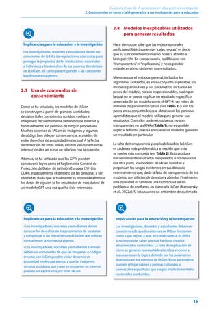 15
Guía para el uso de IA generativa en educación e investigación
2. Controversias en torno a la IA generativa y sus implicancias para la educación
2.3 Uso de contenidos sin
consentimiento
Como se ha señalado, los modelos de IAGen
se construyen a partir de grandes cantidades
de datos (tales como texto, sonidos, código e
imágenes) frecuentemente obtenidos de Internet y,
habitualmente, sin permiso de ningún propietario.
Muchos sistemas de IAGen de imágenes y algunos
de código han sido, en consecuencia, acusados de
violar derechos de propiedad intelectual. A la fecha
de redacción de estas líneas, existen varias demandas
internacionales en curso en relación con la cuestión.
Además, se ha señalado que los GPTs pueden
contravenir leyes como el Reglamento General de
Protección de Datos de la Unión Europea (2016) o
GDPR, especialmente el derecho de las personas a ser
olvidadas, dado que actualmente es imposible eliminar
los datos de alguien (o los resultados de esos datos) de
un modelo GPT una vez que ha sido entrenado.
2.4 Modelos inexplicables utilizados
para generar resultados
Hace tiempo se sabe que las redes neuronales
artificiales (RNAs) suelen ser“cajas negras”, es decir,
que su funcionamiento interno no está abierto a
la inspección. En consecuencia, las RNAs no son
“transparentes”ni“explicables”, y no es posible
establecer cómo obtienen sus resultados.
Mientras que el enfoque general, incluidos los
algoritmos utilizados, es en su conjunto explicable, los
modelos particulares y sus parámetros, incluidos los
pesos del modelo, no son inspeccionables, razón por
la cual no se puede explicar un resultado específico
generado. En un modelo como el GPT-4 hay miles de
millones de parámetros/pesos (ver Tabla 2) y son los
pesos en su conjunto los que almacenan los patrones
aprendidos que el modelo utiliza para generar sus
resultados. Como los parámetros/pesos no son
transparentes en las RNAs (Tabla 1), no es posible
explicar la forma precisa en que estos modelos generan
un resultado en particular.
La falta de transparencia y explicabilidad de la IAGen
es cada vez más problemática a medida que esta
se vuelve más compleja (ver Tabla 2). Esto produce
frecuentemente resultados inesperados o no deseados.
Por otra parte, los modelos de IAGen heredan y
perpetúan los sesgos existentes en sus datos de
entrenamiento que, dada la falta de transparencia de los
modelos, son difíciles de detectar y abordar. Finalmente,
esta opacidad es también una razón clave de los
problemas de confianza en torno a la IAGen (Nazaretsky
et al., 2022a). Si los usuarios no entienden de qué modo
Implicancias para la educación y la investigación
Los investigadores, docentes y estudiantes deben ser
conscientes de la falta de regulaciones adecuadas para
proteger la propiedad de las instituciones nacionales
e individuos y los derechos de los usuarios domésticos
de la IAGen, así como para responder a las cuestiones
legales que esta genera.
Implicancias para la educación y la investigación
• Los investigadores, docentes y estudiantes deben
conocer los derechos de los propietarios de los datos
y comprobar si las herramientas de IAGen que utilizan
contravienen la normativa vigente.
• Los investigadores, docentes y estudiantes también
deben ser conscientes de que las imágenes o códigos
creados con IAGen pueden violar derechos de
propiedad intelectual ajenos, y que las imágenes,
sonidos o códigos que crean y comparten en Internet
pueden ser explotados por otras IAGen.
Implicancias para la educación y la investigación
Los investigadores, docentes y estudiantes deben ser
conscientes de que los sistemas de IAGen funcionan
como cajas negras y que, en consecuencia, es difícil,
si no imposible, saber por qué han sido creados
determinados contenidos. La falta de explicación de
cómo se generan los resultados tiende a encerrar a
los usuarios en la lógica definida por los parámetros
diseñados en los sistemas de IAGen. Estos parámetros
pueden reflejar valores y normas culturales o
comerciales específicos que sesgan implícitamente los
contenidos producidos.
 