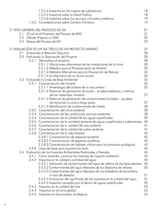 vi
1.2.5.4 Impactos en los medios de subsistencia	 18
1.2.5.5 Impactos sobre la Salud Pública	 18
1.2.5.6 Impactos sobre los recursos culturales y estéticos	 19
1.2.6 Consideraciones sobre Cambio Climático	 19
2. Vista General del Proceso de EIA	 21
2.1 ¿Cuál es el Propósito del Proceso de EIA?	21
2.2 ¿Quién Prepara un EIA?	22
2.3 Etapas del Proceso de EIA 	23
3. Evaluación de un EIA Típico de un Proyecto Minero	 27
3.1 Evaluando el Resumen Ejecutivo 	28
3.2 Evaluando la Descripción del Proyecto 	28
3.2.1 Alternativas al proyecto 	 28
3.2.1.1 Ubicaciones alternativas de las instalaciones de la mina 	 28
3.2.1.2 Métodos para el Procesamiento de Mineral	 30
3.2.1.3 Métodos Alternativos para la Disposición de Relaves	 32
3.2.1.4 La alternativa de no tomar acción	 34
3.3 Evaluando la Linea de Base Ambiental	35
3.3.1 Caracterización del mineral	 35
3.3.1.1 Mineralogía del análisis de la roca entera	 35
			 3.3.1.2 Potencial de generación de ácido – pruebas estáticas y cinéticas
				 de los materiales minados							 37
			 3.3.1.3 Potencial de generación de contaminantes lixiviados – pruebas
				 de lixiviación a corto y largo plazo						 37
3.3.1.4 Identificación de contaminantes de interés	 38
3.3.2 Caracterización del clima existente	 38
3.3.3 Caracterización de las condiciones sísmicas existentes	 38
3.3.4 Caracterización de la calidad de las aguas superficiales 	 39
3.3.5 Caracterización de la cantidad existente de aguas superficiales y subterráneas	 40
3.3.6 Caracterización de la calidad del aire existente	 41
3.3.7 Caracterización de la calidad de suelos existente	 41
3.3.8 Caracterización de la vida silvestre	 42
3.3.8.1 Caracterización de especies terrestres	 42
3.3.8.2 Caracterización de especies acuáticas	 43
3.3.8.3 Caracterización de hábitats críticos para los procesos ecológicos	 43
3.3.9 Línea de base socio-económica local	 44
3.4 Evaluación de los Impactos Ambientales Potenciales y Previstos	45
3.4.1 Cómo entender y evaluar las matrices de impacto ambiental	 45
3.4.2 Impactos en la calidad y cantidad del agua	 46
3.4.2.1 Liberación de contaminantes del agua de relleno de los tajos abiertos	 50
3.4.2.2 Contaminantes del agua liberados de los depósitos de relaves	 50
			 3.4.2.3 Contaminantes del agua liberados de los botaderos de escombros
				 o roca de desecho								 51
3.4.2.4 Evaluación del significado de los impactos en la calidad del agua	 51
3.4.2.5 Impactos causados por el desvío de aguas superficiales	 52
3.4.3 Impactos en la calidad del aire	 52
3.4.4	 Impactos en el clima global	 53
3.4.5 Impactos en los procesos ecológicos	 54
 