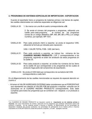 2. PROGRAMAS DE SISTEMAS ESPECIALES DE IMPORTACION - EXPORTACION

    Cuando el exportador tiene un programa de materias primas o de bienes de capital,
    las casillas relacionadas con sistemas especiales se diligencian así:

    CASILLA 35:        1. Se marca con una X el cuadro correspondiente a SI.

                        2. Se anota el número del programa o programas, utilizando una
                        casilla para cada programa,      el número de los programas
                        consta de un código alfabético (MP, MX, BR, BK o PR) y un código
                        numérico, por ejemplo: MP:1031.


    CASILLA 50:        Para cada producto (ítem) a exportar, se anota el respectivo VAN,
                       utilizando la formula ya indicada para reposición:

                       VAN = VALOR TOTAL FOB - VAE (del ítem).

    CASILLA 51:        Para cada producto a exportar, se indican los números de los
                       CUADROS INSUMO PRODUCTO ( CIP )4 correspondientes a los
                       programas, siguiendo el orden de anotación de estos programas en
                       la casilla 35.

    CASILLA 52:        Para cada producto a exportar, se anotan los números de los ítems
                       de la casilla 35 que correspondan a los programas de los cuales el
                       producto haga parte del compromiso de exportación.

    CASILLA 53: Se anota el VAN total que corresponde a la sumatoria del VAN
                correspondiente a cada item.

En el diligenciamiento de las casillas mencionadas se requiere de especial atención en
cuanto a:

- Al tomar el VALOR AGREGADO EXTERNO debe considerarse que el PORCENTAJE
  que represente con relación al VALOR FOB del producto a exportar, coincida con el
  autorizado en el CUADRO INSUMO PRODUCTO correspondiente. Esto debe
  cumplirse para todos los programas que se combinen con respecto a un producto a
  exportar.



4
 Los CUADROS DE INSUMO PRODUCTO se requieren cuando la importación es de materias primas e
insumos, son unos instrumentos de control y ejecución de los programas que contienen información acerca del
producto a exportar, de las materias primas e insumos a importar, la determinación de los porcentajes de
desperdicio resultante del proceso productivo, los porcentajes de participación de la materia prima e insumos
importados en el VALOR FOB de la unidad del producto a exportar y el valor agregado nacional.


                                                     62
 