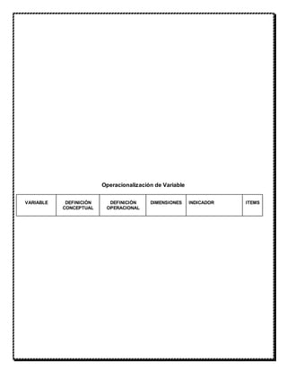 Operacionalización de Variable
VARIABLE DEFINICIÓN
CONCEPTUAL
DEFINICIÓN
OPERACIONAL
DIMENSIONES INDICADOR ITEMS
 