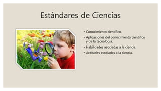 Estándares de Ciencias
• Conocimiento científico.
• Aplicaciones del conocimiento científico
y de la tecnología.
• Habilidades asociadas a la ciencia.
• Actitudes asociadas a la ciencia.
 
