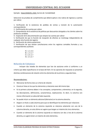UNIVERSIDAD CENTRAL DEL ECUADOR
Ejemplo: (Guía CEAACES, 2102. Carrera de Contabilidad)
Seleccione las pruebas de cumplimiento que deberá aplicar a los rubros de ingresos y cuentas
por cobrar.
1. Verificación de la existencia de pedidos de ventas y revisión de la autorización
correspondiente
2. Confirmación de cuentas por cobrar
3. Comprobación de la existencia de políticas por descuentos otorgados a los clientes sobre los
productos vendidos
4. Inspección de la documentación que ampara las cuentas por cobrar
5. Verificación de que la función de recepción de efectivo se mantenga independiente de
cualquier otra función de registro
6. Verificación de cobros posteriores
7. Verificación de que existan conciliaciones entre los registros contables formales y sus
correspondientes auxiliares
A) . 1, 2, 4, 6
B) . 1, 3, 5, 7
C) . 2, 4, 3, 7
D) . 3, 5, 6, 7

Relación de Columnas
Incluyen dos listados de elementos que han de asociarse entre sí conforme a un
criterio que debe especificarse en la base del ítem. En las opciones de respuesta se presentan
distintas combinaciones de relación entre los elementos de la primera y segunda listas.

Recomendaciones:


Mencionar de forma clara un criterio de relación.



Construir listas en las que los elementos y relaciones sean del mismo tipo.



En la primera columna deben ir los conceptos, componentes y elementos; en la segunda,
las descripciones, definiciones, características, explicaciones. Es decir, la columna con
menos información se ubica del lado izquierdo.



Se puede incluir un elemento adicional (distractor) en la columna derecha.



Asignar un título a cada columna para que se identifiquen los elementos por relacionar.



Cuando un elemento de la columna izquierda se relaciona solamente con uno de la
columna derecha, en esta última se sugiere que tengan un máximo de cinco elementos.



Cuando un elemento de la columna izquierda se relaciona con dos o tres de la columna
derecha, se sugiere tener un máximo de siete elementos.

GUÍA PARA ELABORAR PRUEBAS DE BASE ESTRUCTURADA

Página 11

 